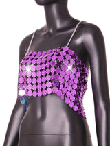 Purple Color Hand Crafted Round Plates Metal Backless Crop Top and Skirt! Sexy Hot ClubWear 2209