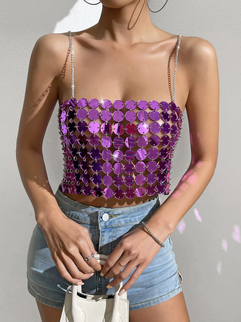 Purple Color Hand Crafted Round Plates Metal Backless Crop Top and Skirt! Sexy Hot ClubWear 2209