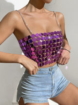 Purple Color Hand Crafted Round Plates Metal Backless Crop Top and Skirt! Sexy Hot ClubWear 2209