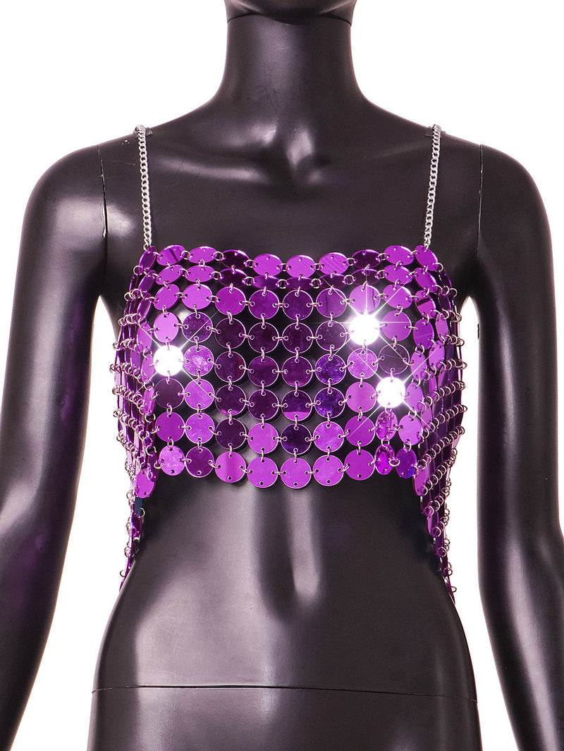 Purple Color Hand Crafted Round Plates Metal Backless Crop Top and Skirt! Sexy Hot ClubWear 2209