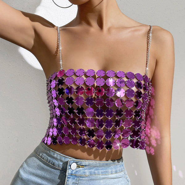 Purple Color Hand Crafted Round Plates Metal Backless Crop Top and Skirt! Sexy Hot ClubWear 2209