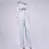 Silver Shiny Slip Crop Top and Wide Leg Pants 2-piece Set! Sexy Camisole Celebrity Fashion 2111 - KellyModa Store