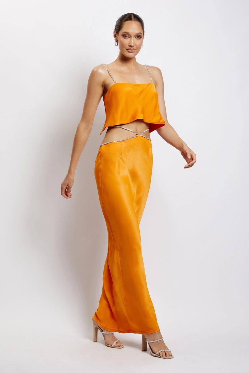 Sexy Luxury Orange Jewelry Straps Crop Top and Long Skirt 2-Piece Set! Women's Fashion 2209