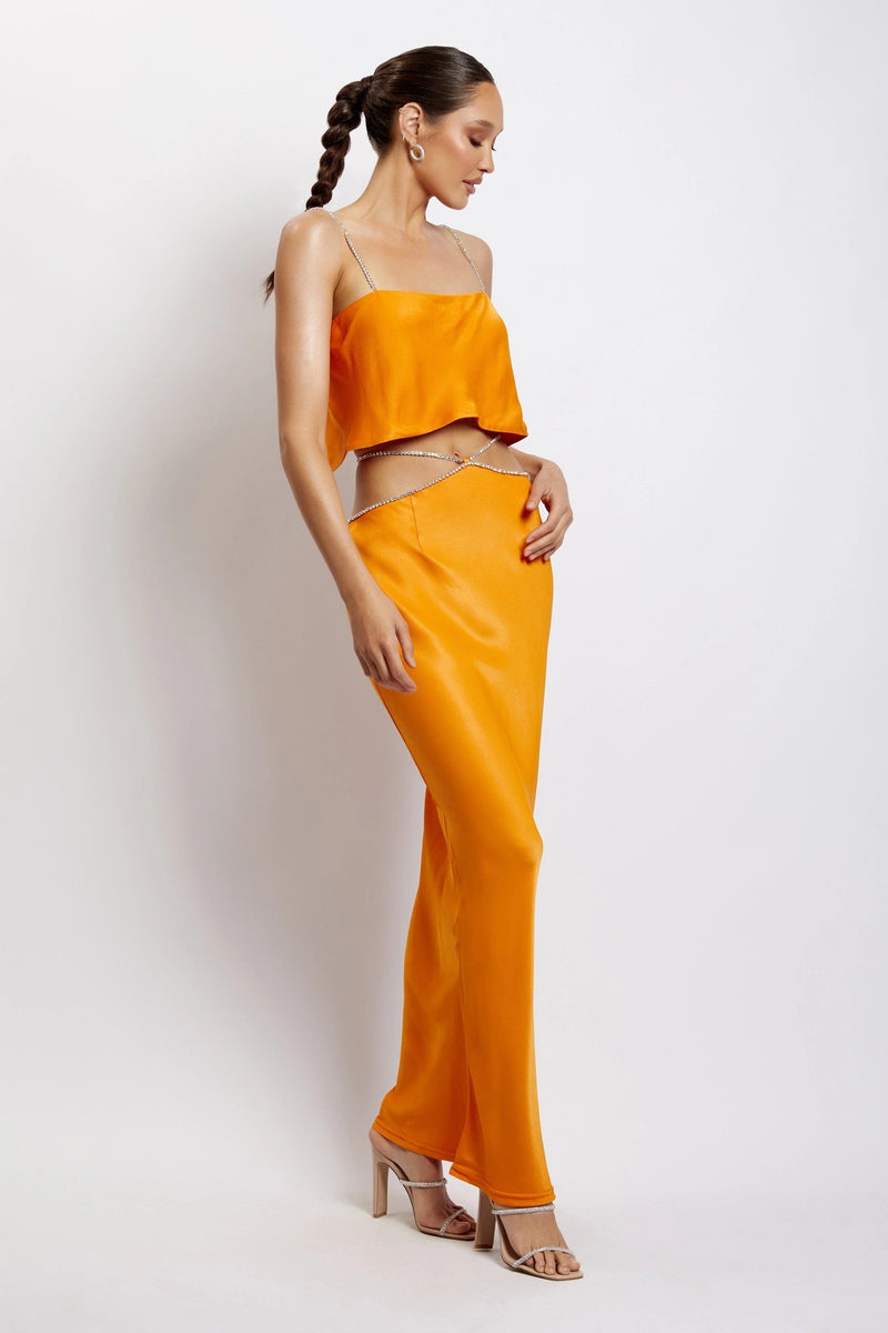 Sexy Luxury Orange Jewelry Straps Crop Top and Long Skirt 2-Piece Set! Women's Fashion 2209