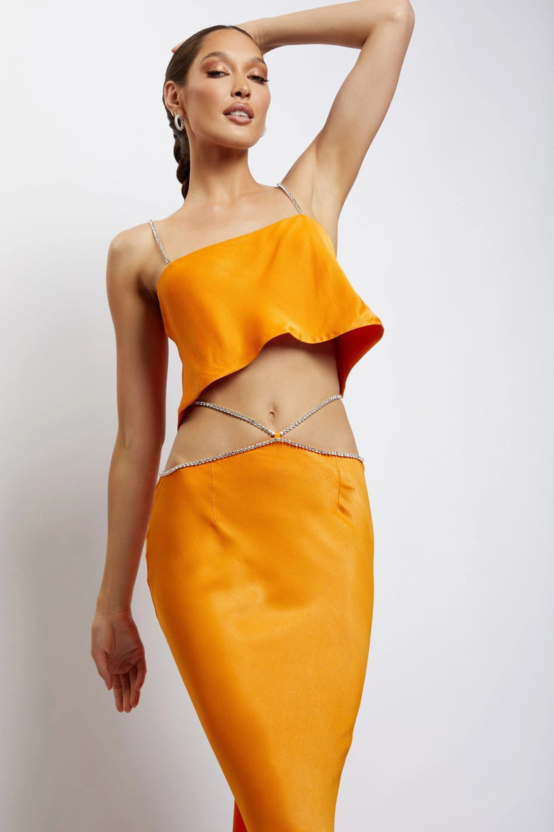 Sexy Luxury Orange Jewelry Straps Crop Top and Long Skirt 2-Piece Set! Women's Fashion 2209