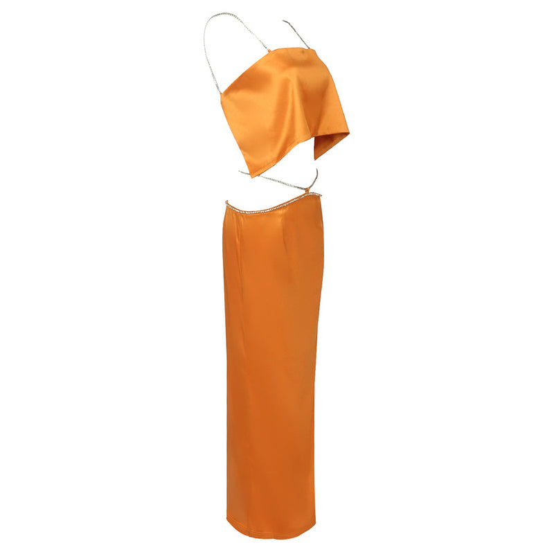 Sexy Luxury Orange Jewelry Straps Crop Top and Long Skirt 2-Piece Set! Women's Fashion 2209