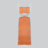 Sexy Luxury Orange Jewelry Straps Crop Top and Long Skirt 2-Piece Set! Women's Fashion 2209