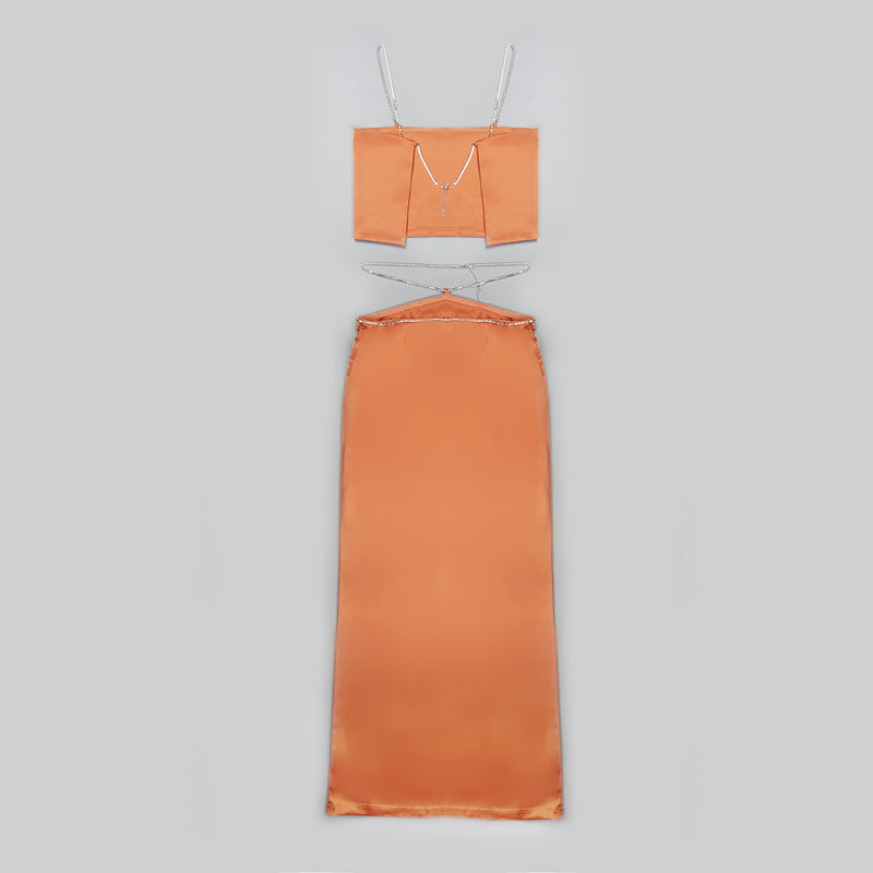 Sexy Luxury Orange Jewelry Straps Crop Top and Long Skirt 2-Piece Set! Women's Fashion 2209