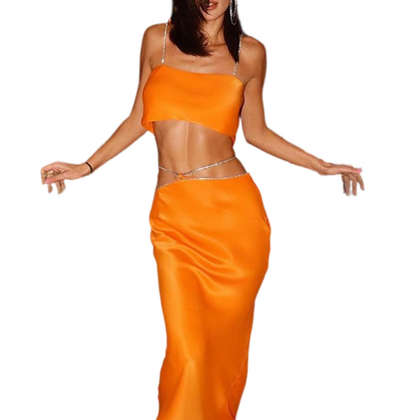 Sexy Luxury Orange Jewelry Straps Crop Top and Long Skirt 2-Piece Set! Women's Fashion 2209