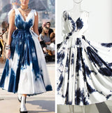 Tie Dyed Pleated Hem Long Dress Backless Plunged Dress Pleated Dress! Women's Fashion 2211