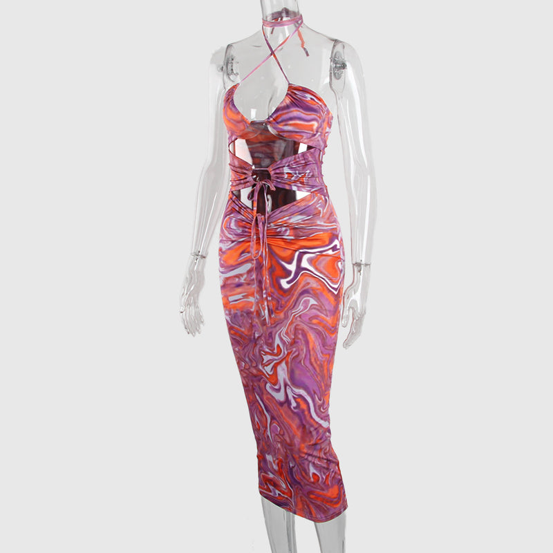 Purple Printed Slim-Fitting Backless Halter Dress! Casual Cut Out Dress Sexy Sun Dress 2112 - KellyModa Store