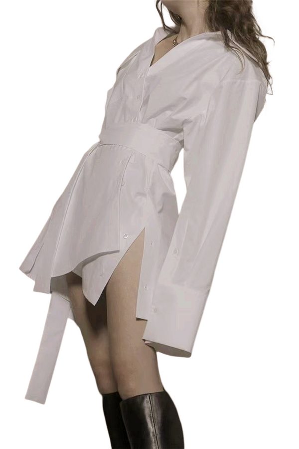 Normcore White Long Sleeve Loose Fitting Asymmetric Shirt Dress! Women's Fashion 2207