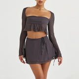 Chiffon Mesh ! Sexy See-through Crop Top and Mini Skirt 2-piece set 2205