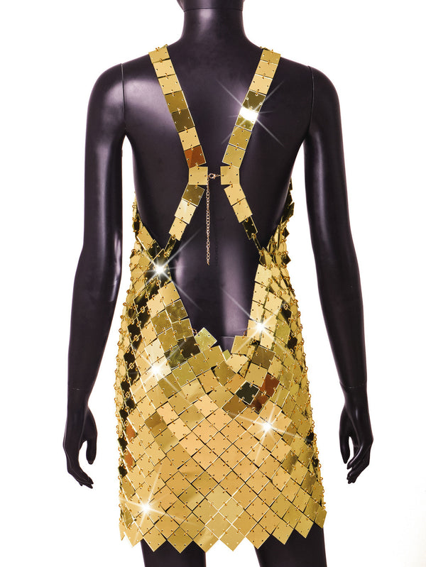 Hand Crafted Mosaic Plates Metal Shine Halter Dress! Sexy Body Jewelry Dress Hot ClubWear 2212