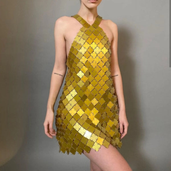 Hand Crafted Mosaic Plates Metal Shine Halter Dress! Sexy Body Jewelry Dress Hot ClubWear 2212