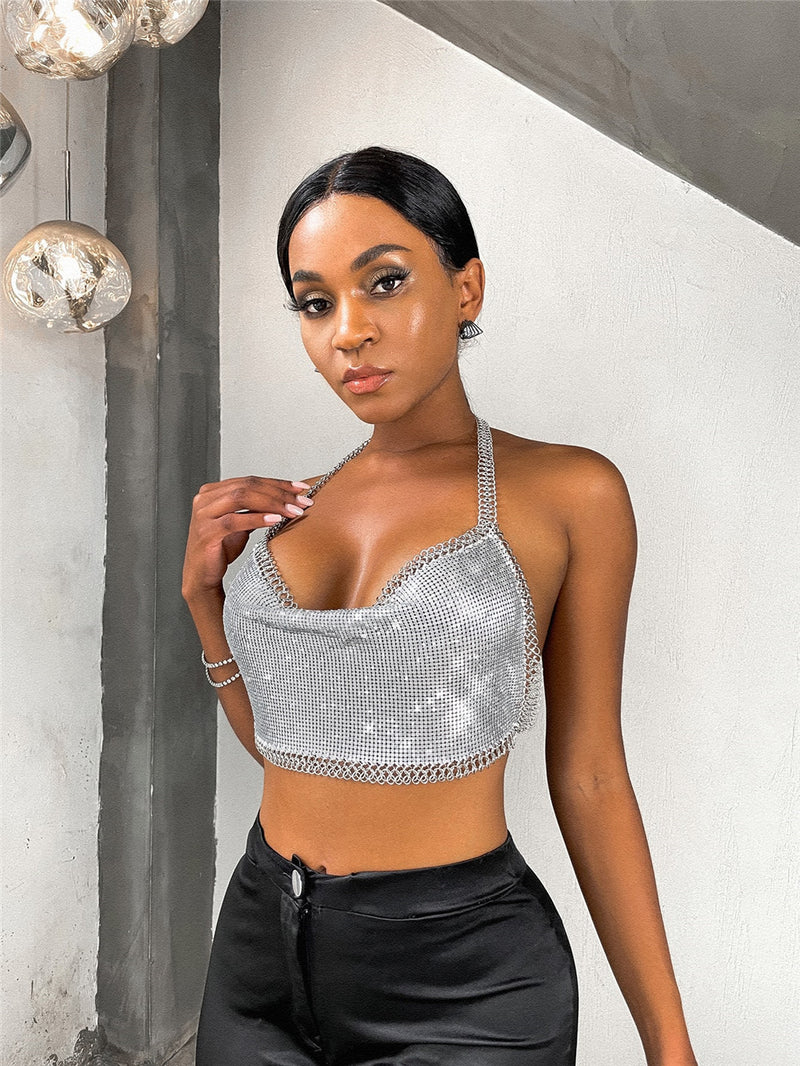 HipHop Metallic Shining Sexy Backless Halter Crop Top, Shining Hot Tops for Club Party - KellyModa Store