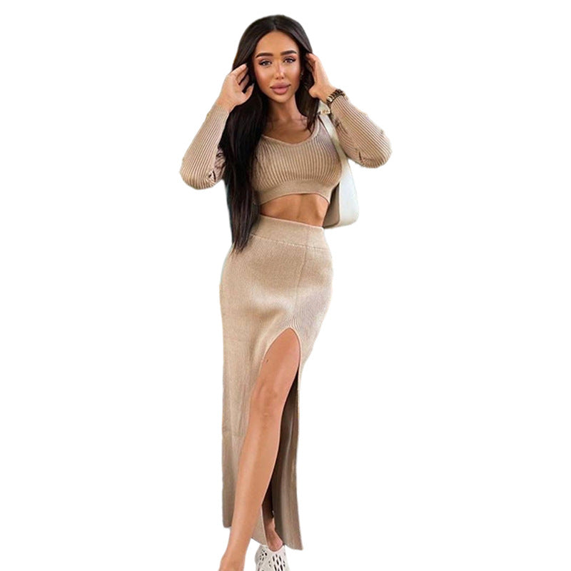 Long Sleeve Knitted Sweater Crop Top and Skirt 2 Piece set! Slim Fitting Knitwear Celebrity Fashion 2111 - KellyModa Store