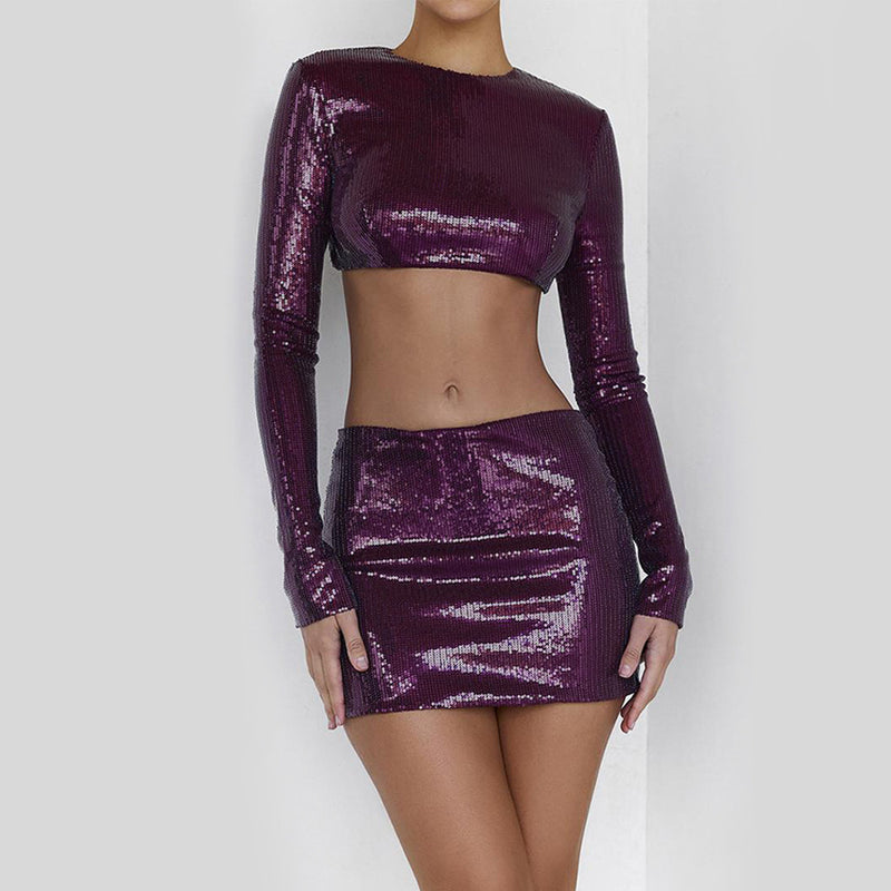 Purple Blingbling Sequins ! Sexy Shine Backless Crop Top and Mini Skirt 2-piece Clubwear set 2212