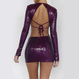 Purple Blingbling Sequins ! Sexy Shine Backless Crop Top and Mini Skirt 2-piece Clubwear set 2212