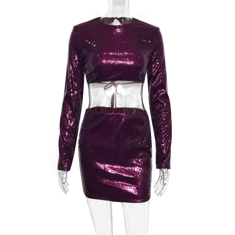 Purple Blingbling Sequins ! Sexy Shine Backless Crop Top and Mini Skirt 2-piece Clubwear set 2212