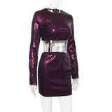 Purple Blingbling Sequins ! Sexy Shine Backless Crop Top and Mini Skirt 2-piece Clubwear set 2212