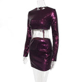 Purple Blingbling Sequins ! Sexy Shine Backless Crop Top and Mini Skirt 2-piece Clubwear set 2212