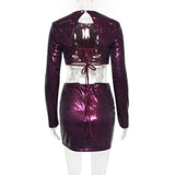 Purple Blingbling Sequins ! Sexy Shine Backless Crop Top and Mini Skirt 2-piece Clubwear set 2212