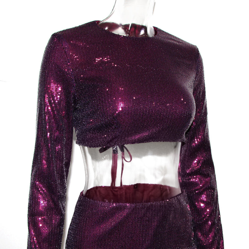 Purple Blingbling Sequins ! Sexy Shine Backless Crop Top and Mini Skirt 2-piece Clubwear set 2212