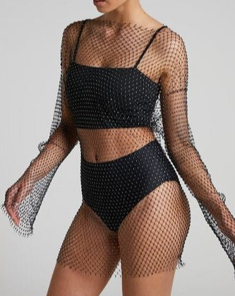 Long Sleeve See-through Fishnet Dress with Shining Rhinestones , Bikini Cover Up Dress 2210