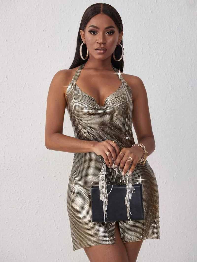 Metallic Silver Sexy Backless Slim Fitting Halter Dress with Sequins Fabric , Shining Clubwear - KellyModa Store