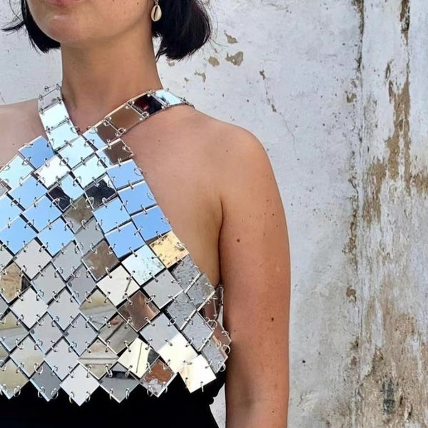 Silver Mosaic Hand Crafted Square Plates Metal Backless Crop Top! Sexy Hot ClubWear 2212