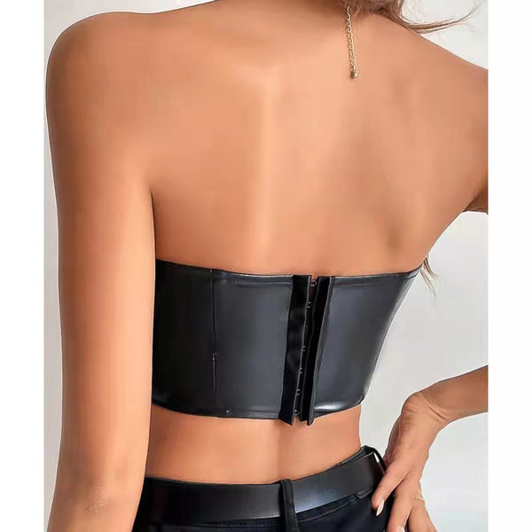 Classic Leather Strapless Crop Top! Sexy Patent Vegan PU Leather Bra Top 2301