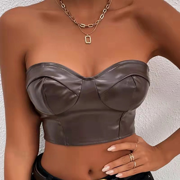 Classic Leather Strapless Crop Top! Sexy Patent Vegan PU Leather Bra Top 2301