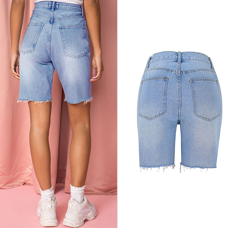 Cropped straige leg Blue Jeans Denim Shorts Pants, Bottoms, Women Jeans Shorts - KellyModa Store