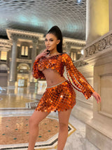 Orange Hand Crafted Round Plates Metal Crop Tank Top and Skirt 2-piece Set ! Sexy Hot ClubWear 2212