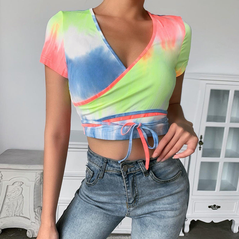 Tie-Dyed Rainbow Color Short Sleeve Top ! Sexy Crop Top Cyber Fashion 2201