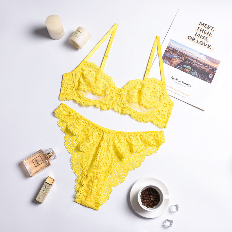 Shining Lemon! Yellow Embroidered Lingerie Bra and Panty Set, Sexy Lin