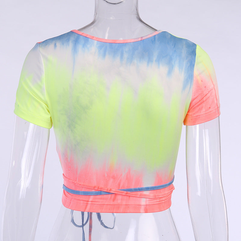 Tie-Dyed Rainbow Color Short Sleeve Top ! Sexy Crop Top Cyber Fashion 2201