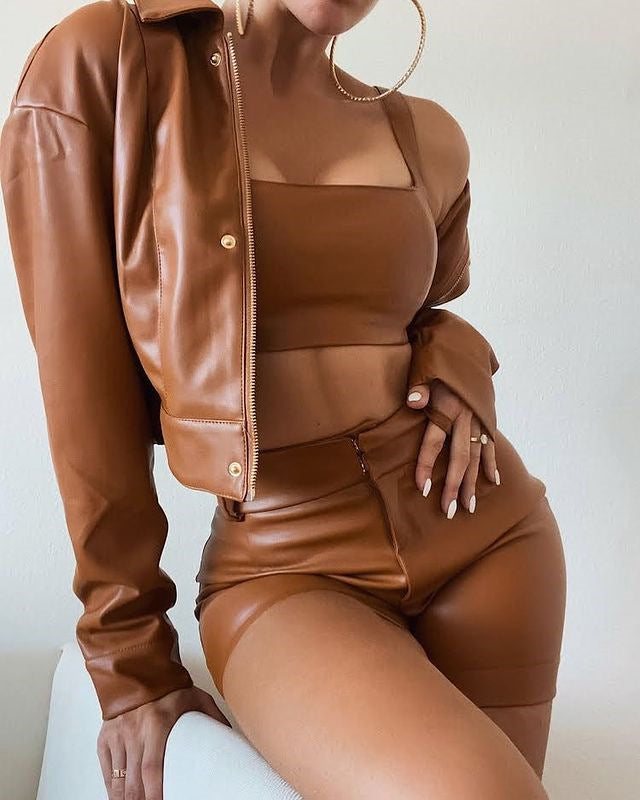 Sexy Patent Vegan PU Leather Crop Slip Top and shorts 2-piece set! Sexy Slip NightClub Fashion 2111 - KellyModa Store