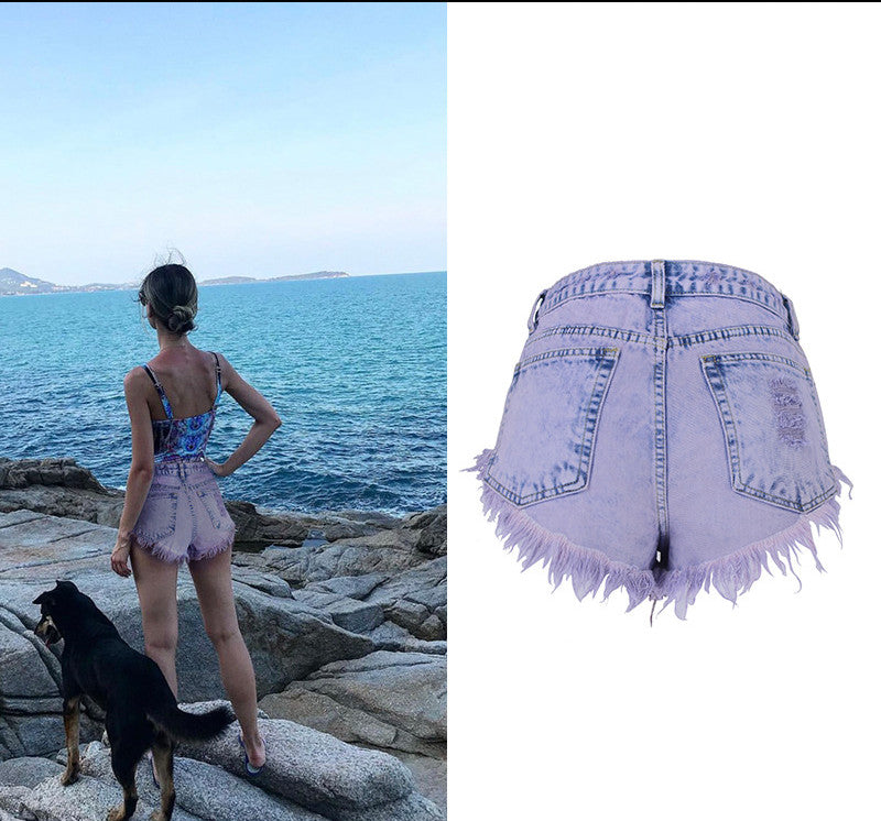 Faint Purple Distressed Jeans, Denim Shorts Hot Pants, Bottoms, Femme Bottoms - KellyModa Store