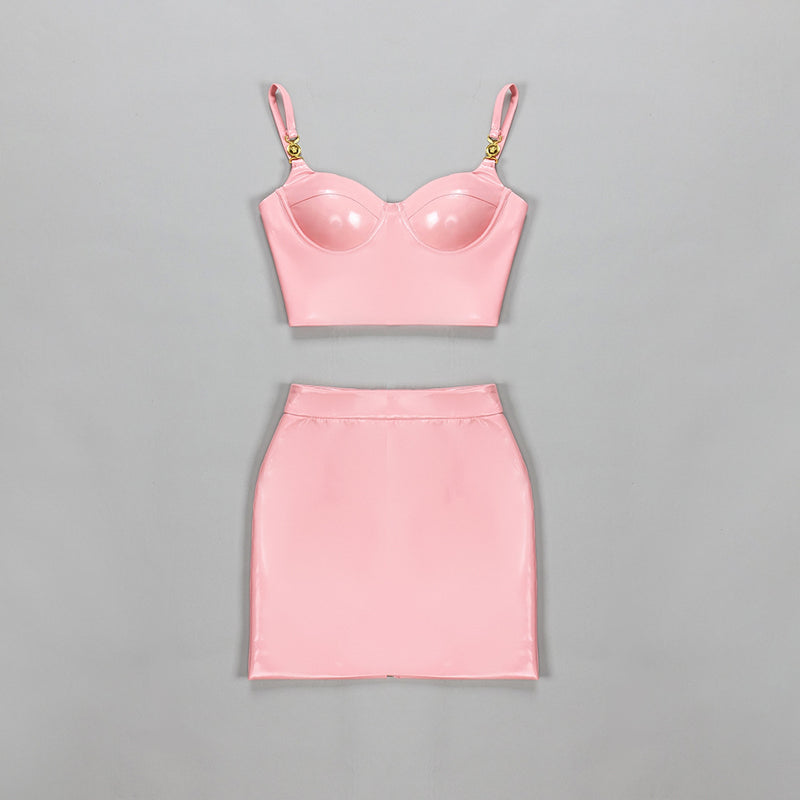 Pink Sexy Patent Vegan PU Leather Crop Slip Top and Mini Skirt 2-piece set 2205