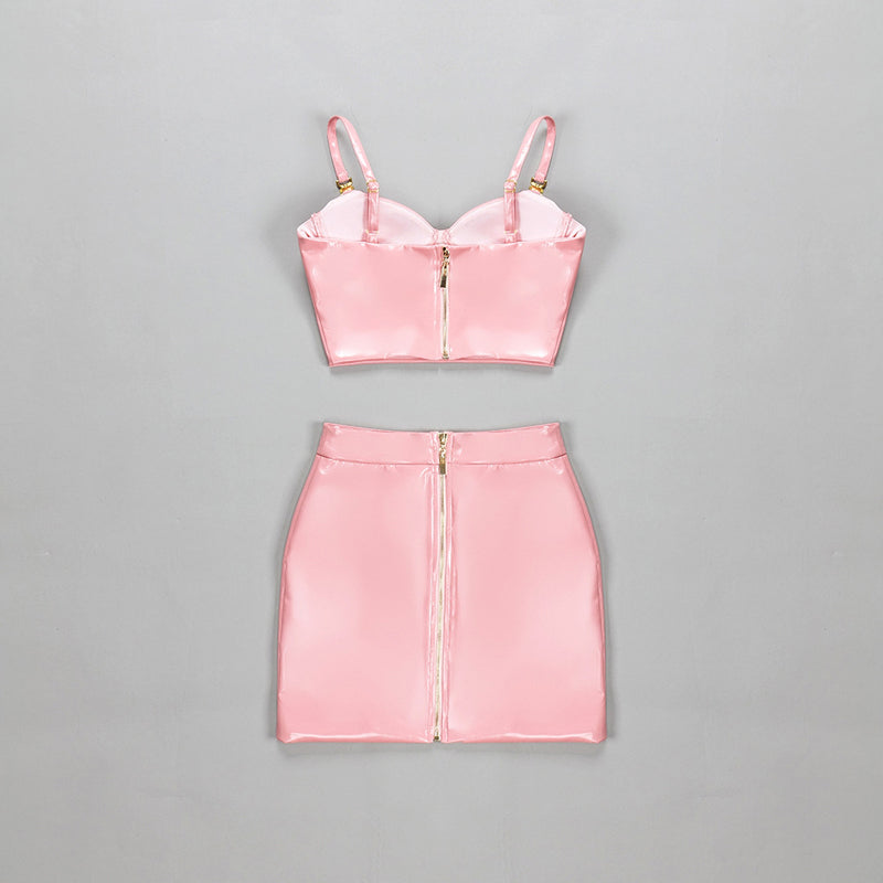 Pink Sexy Patent Vegan PU Leather Crop Slip Top and Mini Skirt 2-piece set 2205