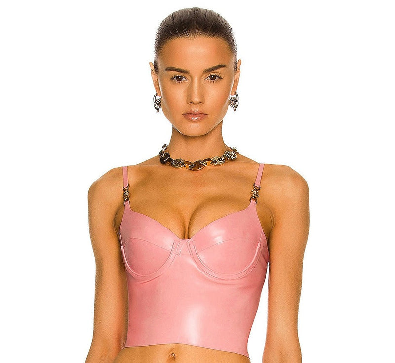 Pink Sexy Patent Vegan PU Leather Crop Slip Top and Mini Skirt 2-piece set 2205