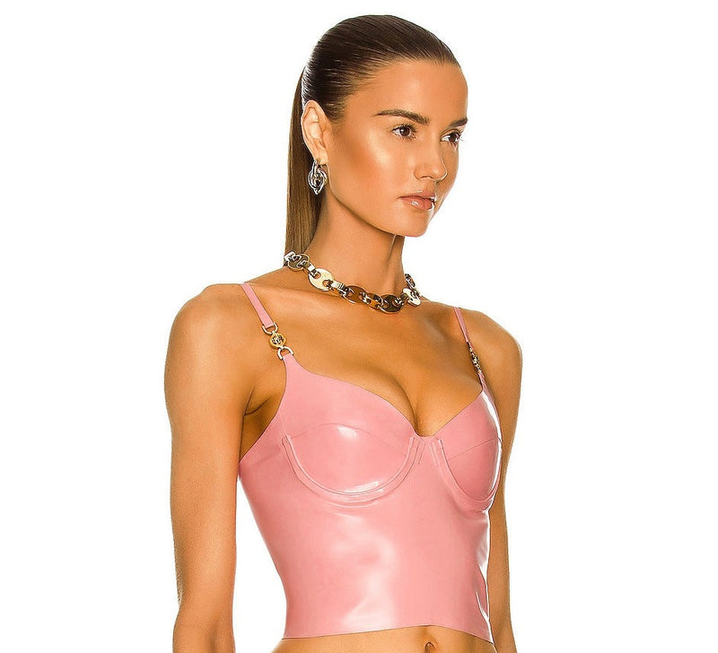 Pink Sexy Patent Vegan PU Leather Crop Slip Top and Mini Skirt 2-piece set 2205