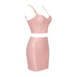 Pink Sexy Patent Vegan PU Leather Crop Slip Top and Mini Skirt 2-piece set 2205