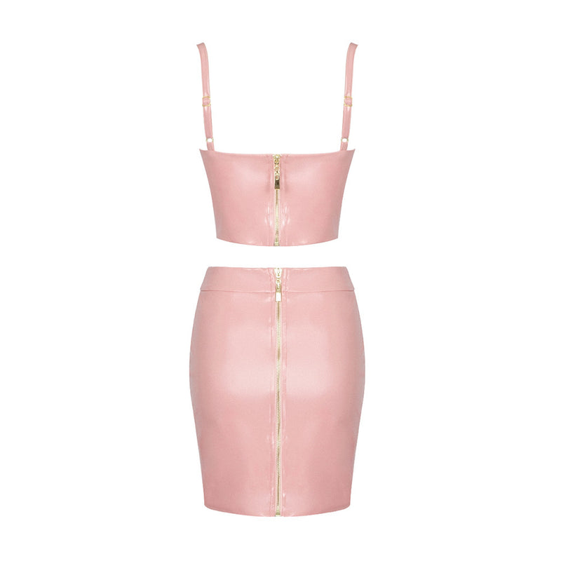 Pink Sexy Patent Vegan PU Leather Crop Slip Top and Mini Skirt 2-piece set 2205