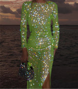 Blingbling See-through Mesh Cover Long Dress with Rhinestones , Shining Clubwear 2205