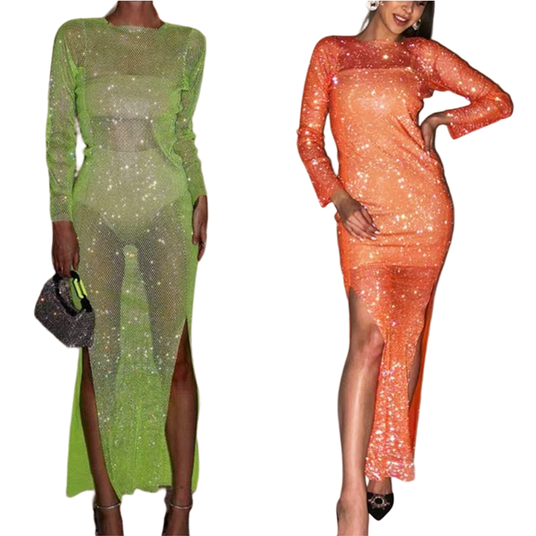 Blingbling See-through Mesh Cover Long Dress with Rhinestones , Shining Clubwear 2205