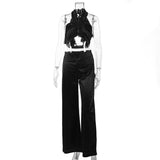 Sexy Halter Crop Top and Wide Leg Pants 2-piece Set! Sleeveless Sexy Tops Celebrity Fashion 2111 - KellyModa Store