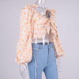 Cropped Floral Shirt! Long Sleeve Crop Tops Printed Shirt with Puffy Sleeves Celebrity Fashion 2112 - KellyModa Store